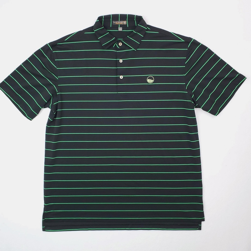 Peter Millar Polo Shirt Mens Large Black Green Stripe Summer Comfort Golf Logo